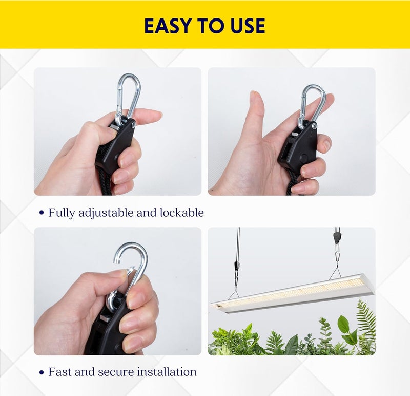 I-Power 1-Pair 1/8 Inch Adjustable Rope Hanger, Heavy Duty Grow Light Hangers with Reinforced Metal Gears, 8Ft Long & 150lbs Weight Capacity for Growing Lamp, Inline Fan, Filters - Image 5